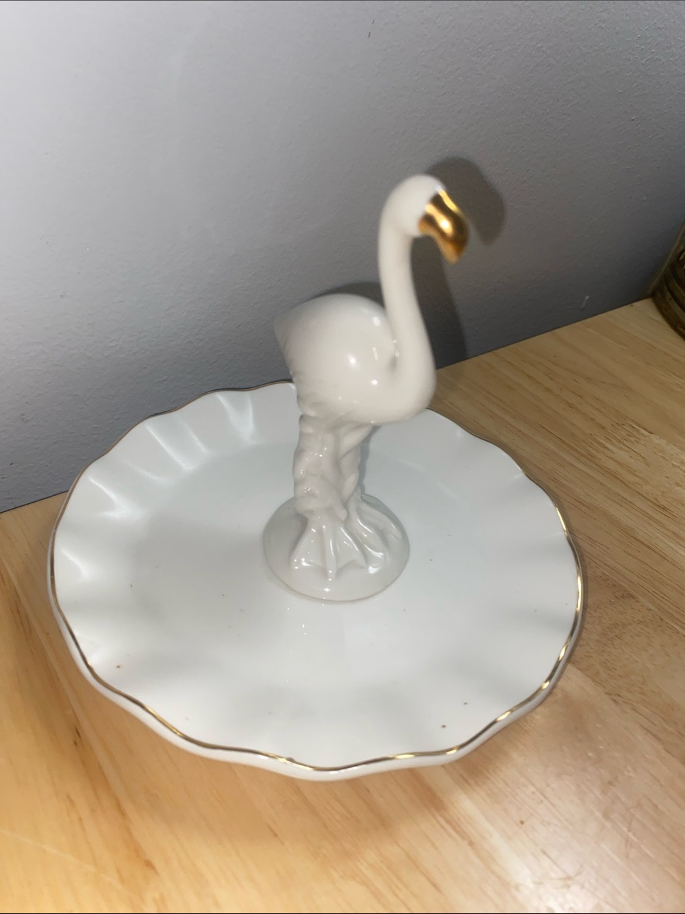 White Ceramic Flamingo Jewelry Dish with Gold Accents